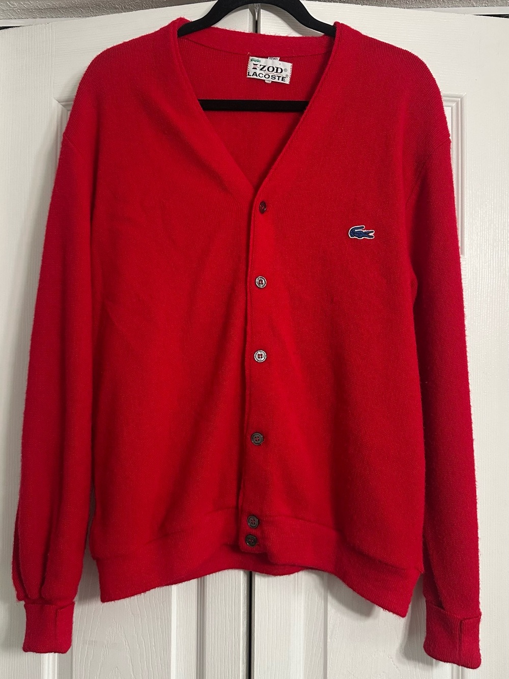 Lacoste Men's Bright Red V-Neck Button Cardigan Vintage
